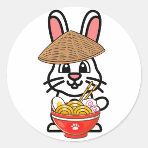 Sticker Rond Drôle lapin mange des nouilles
