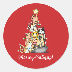 Sticker Rond Drôle Meowy Catmas Chats Sapin de Noël