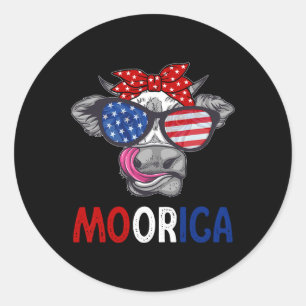 Sticker Rond Drôle Moorica 4 juillet Drapeau Américain Vache Ho