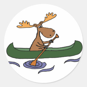 Sticker Rond Drôle Moose Canoeing Cartoon