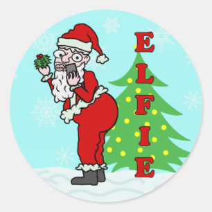 Sticker Rond Drôle Noël Père Noël Elfie