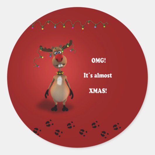 Sticker Rond Drôle Noël Rouge renne à nez rouge (Devant)