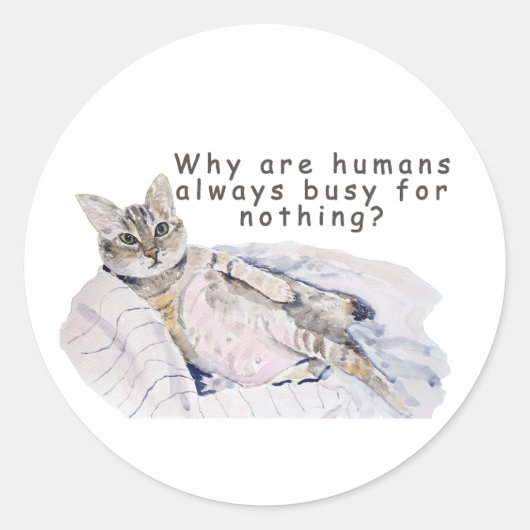 Sticker Rond Drôle Peinture de chat - "Pourquoi les humains son (Devant)