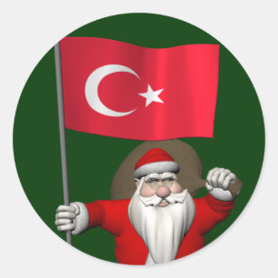 Sticker Rond Drôle Père Noël Avec Drapeau De Turquie