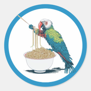 Sticker Rond Drôle Perroquet mangeant des nouilles de ramen