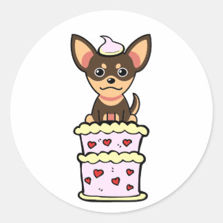 Sticker Rond Drôle petit chien sautant d'un gâteau