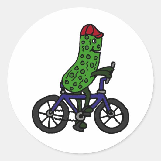 Sticker Rond Drôle Pickle Riding Bicycle Dessin (Devant)