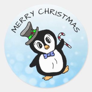 Sticker Rond Drôle Pingouin dansant avec Sucre de canne Noël
