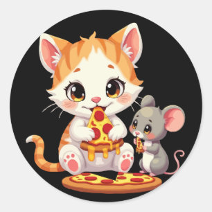 Sticker Rond drôle pizza manger chat pizza manger souris