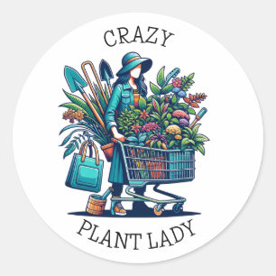 Sticker Rond Drôle Plante dame folle   Jardinage Humour de dépe