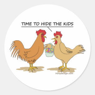 Sticker Rond Drôle Poulet de Pâques - Carton de chasse aux oe