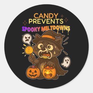Sticker Rond Drôle Raccoon Halloween Candy Meldown Pour Les Enf