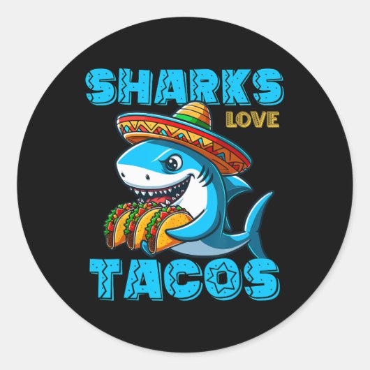 Sticker Rond Drôle Requin Mexicain Manger Tacos Nourriture Requ (Devant)