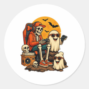 Sticker Rond Drôle Skeleton jeu vidéo Halloween jeu Gamer B
