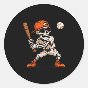 Sticker Rond Drôle Skeleton Jouer Baseball Halloween Garçons Ho