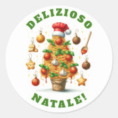 Sticker Rond Drôle Spaghetti Arbre de Noël Delizioso Natale! (Devant)