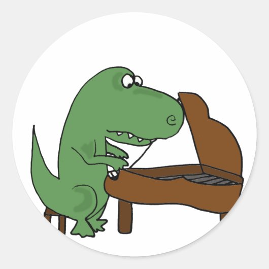 Sticker Rond Drôle T-Rex Dinosaure Jouer Piano (Devant)