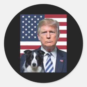 Sticker Rond Drôle Trump et frontière Collie Dog Usa Drapeau Él