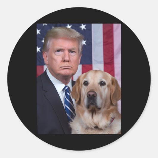 Sticker Rond Drôle Trump et Golden Retriever Dog Usa Drapeau El (Devant)