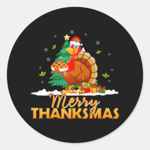 Sticker Rond Drôle Turquie Père Noël Joyeux Thanksmas Noël