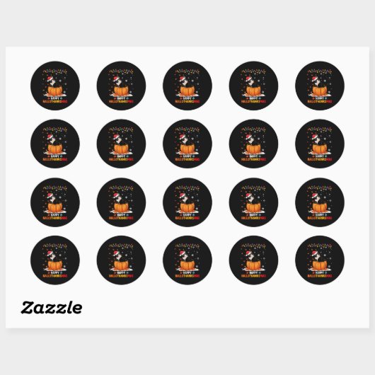 Sticker Rond Drôle Tuxedo Chat sur Citrouille Hallothanksmas Ha (Feuille)