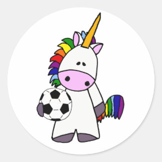 Sticker Rond Drôle Unicorne Jouer Caricature de football