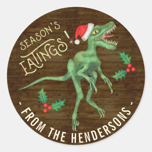 Sticker Rond Drôle Velociraptor de Noël Dinosaur Texte personna (Devant)