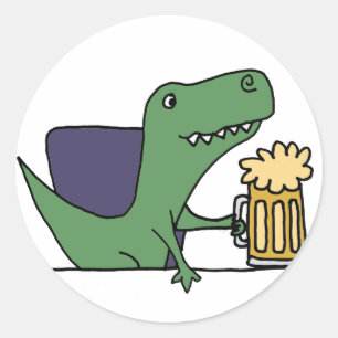 Sticker Rond Drôle Vert T-Rex Dinosaure Boire Bière