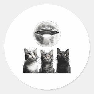 Sticker Rond Drôles 3 Chats Effrayés Lune Ufo Alien Invasion De
