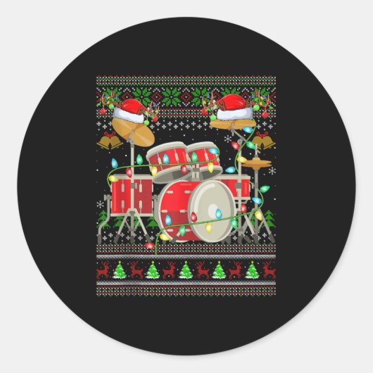 Sticker Rond Drum Ugly Christmas Sweater Musical Drum Player Dr (Devant)