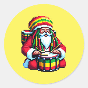 Sticker Rond Drummer Père Noël Reggae - Fun Pixel Art Christmas