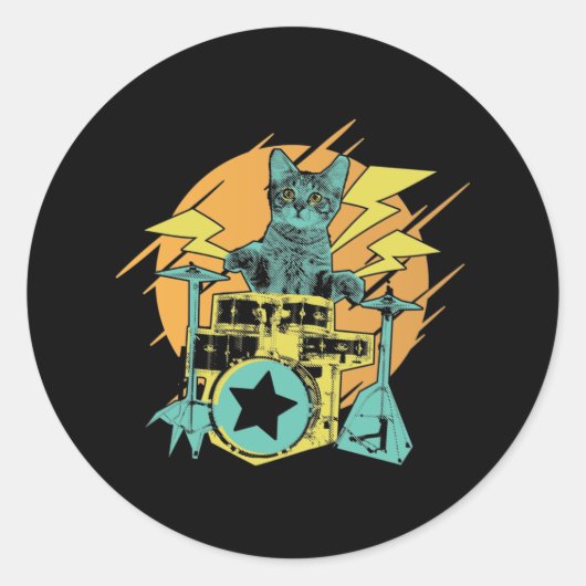 Sticker Rond Drumming Cat Rock Musique Kitten (Devant)