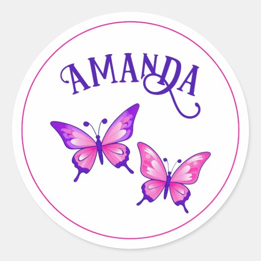Sticker Rond Duo de papillon violet et rose avec nom (Devant)