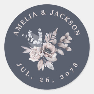 Sticker Rond Dusky Blue Heather Lilac Beige Florales Invitation