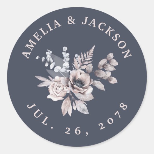 Sticker Rond Dusky Blue Heather Lilac Beige Florales Invitation (Devant)