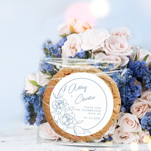 Sticker Rond Dusty Bleu Blanc Botanique Mariage Favoriser Merci