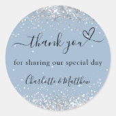 Sticker Rond Dusty bleu coeur argent merci mariage (Devant)