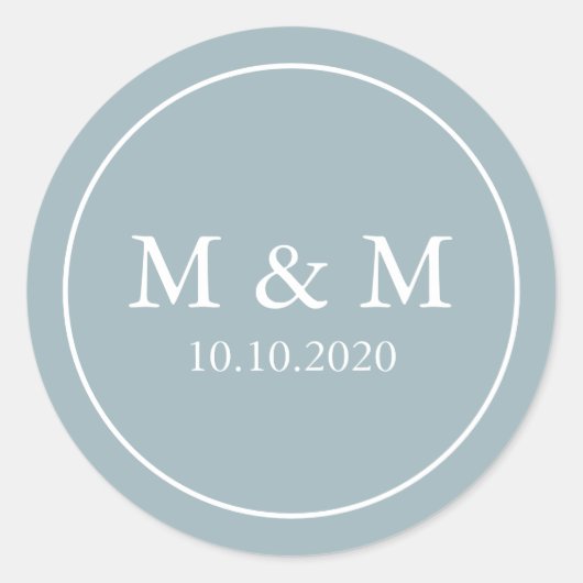 Sticker Rond Dusty Bleu Élégant Mariage Monogramme classique (Devant)