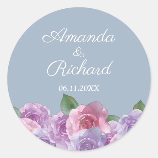Sticker Rond Dusty bleu rose violet Mariage floral (Devant)