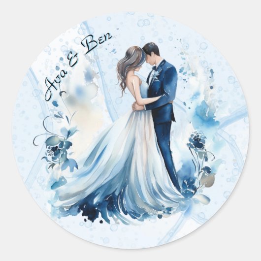 Sticker Rond Dusty Blue Alcohol Ink Bride & Groom Mariage (Devant)