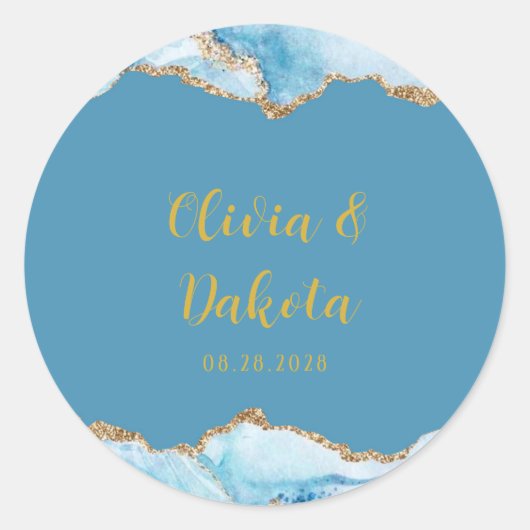 Sticker Rond Dusty Blue and Gold Agate Mariage personnalisé (Devant)