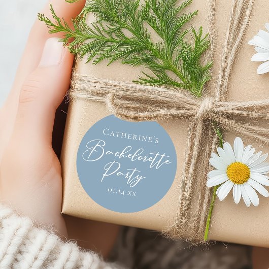Sticker Rond Dusty Blue Bachelorette Party Custom White Script
