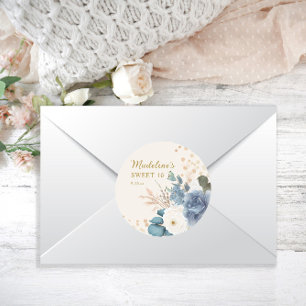 Sticker Rond Dusty Blue Blanc Floral Pailleté Doré Sweet 16 