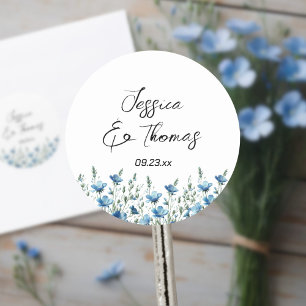 Sticker Rond Dusty Blue Boho Fleurs sauvages Couple's Names Mar