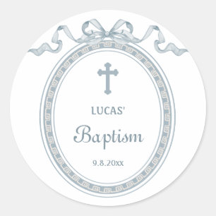 Sticker Rond Dusty Blue Bow Cadre grec Baptême