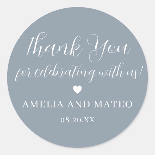 Sticker Rond Dusty Blue Calligraphy Mariage Favor Merci (Devant)