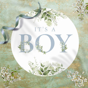 Sticker Rond Dusty Blue C'Est Un Garçon Verdoyant Baby shower F