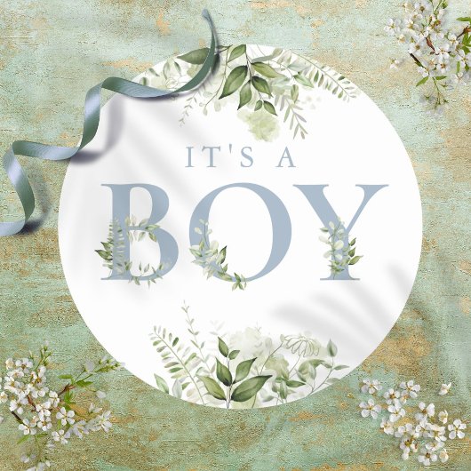 Sticker Rond Dusty Blue C'Est Un Garçon Verdoyant Baby shower F