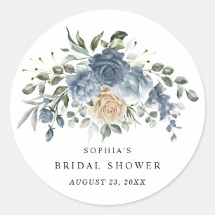 Sticker Rond Dusty Blue & Champagne Fleurs Robe de Mariée Showe