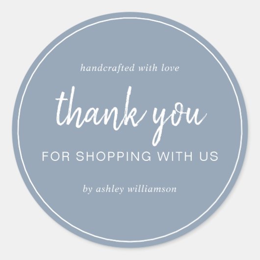 Sticker Rond Dusty Blue Chic Script Merci pour votre achat (Devant)